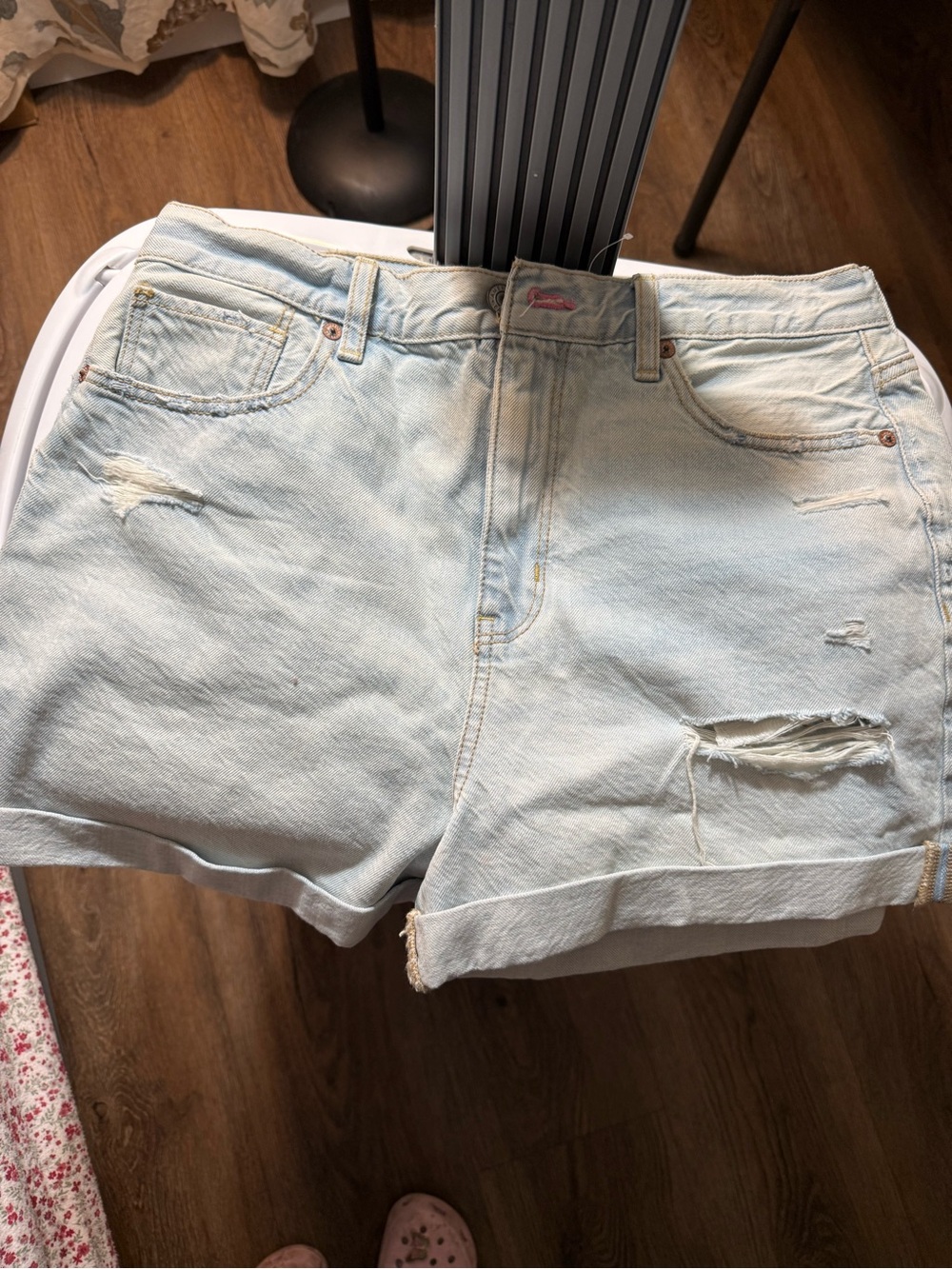 American Eagle Outfitters Light Blue High-Waist Distressed Denim Shorts
